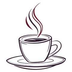 Minimalist illustration of a steaming coffee cup and saucer hot beverage dark brown