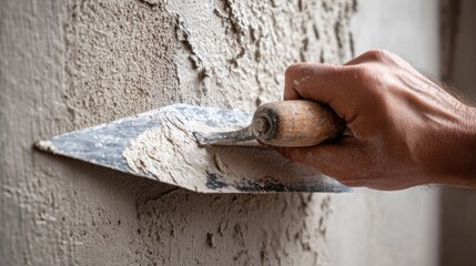 Close-up of a hand applying plaster to a wall using a trowel