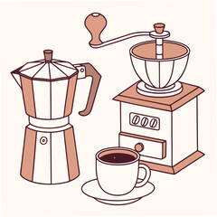 Moka pot coffee grinder and cup coffee cup saucer