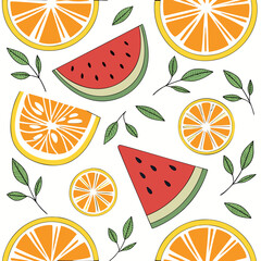Orange and watermelon slices with green leaves pattern citrus fruit