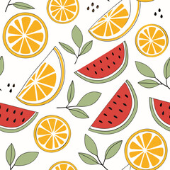 Orange and watermelon slices with green leaves pattern orange slices summer fruits