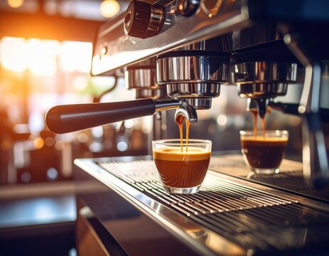 Espresso poruing from coffee machine at cafe