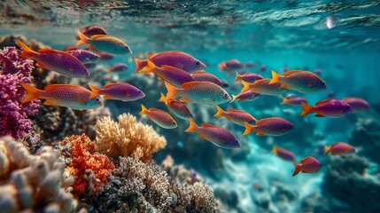 Vibrant fish schools swimming over coral reef great barrier reef underwater photography marine environment close-up view ocean diversity
