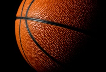 Fototapeta premium Close up detailed texture of an orange basketball ball with black lines on black background
