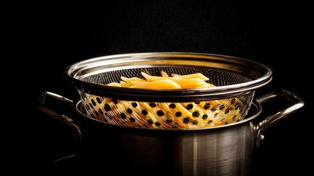 Penni Pasta in Stainless Steel Colander and Pot