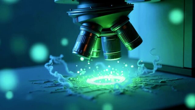 High-tech microscope emitting green light, analyzing samples with swirling particles in a lab