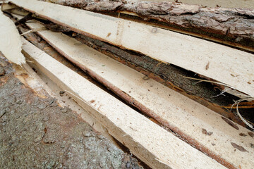 Close-up view of rough-cut logs prepared for firewood, stacked for storage and wintertime heating needs.
