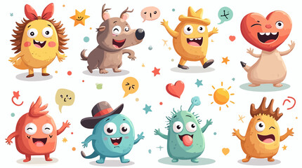 Cheerful cartoon monsters vector illustration with happy expressions and playful poses