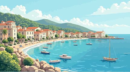 Coastal Mediterranean town with boats, beach, and mountains illustration