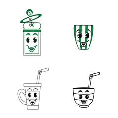 Smiling green and black coffee cup and bowl icons coffee bowl straw
