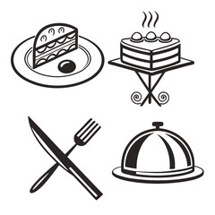 Slice of layered cake on plate with fork and knife plus covered dish dessert food