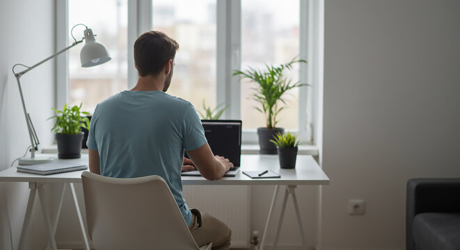Back view of remote worker at home office desk