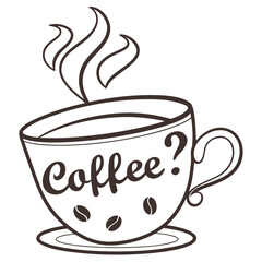 Steaming coffee cup with beans and question mark hot beverage coffee beans