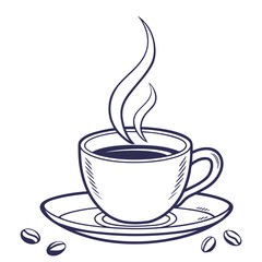 Steaming coffee cup with saucer and beans vector