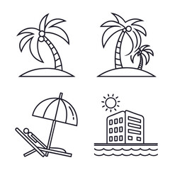 Tropical beach resort icons with palm trees and relaxation vacation travel