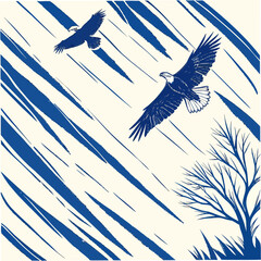 Two eagles soaring with abstract blue brush strokes bird flight