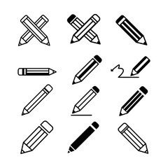 Naklejka premium Collection of Nine Black Pencil Illustrations in Various Styles and Angles on a White Background Representing Writing Drawing and Educational Tools