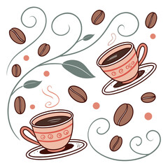 Whimsical coffee cups and beans with swirling vines vector