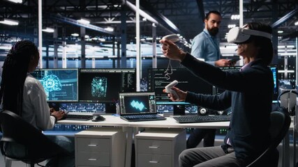 Programmer using VR goggles in data center, coding with generative AI assistance. IT specialist using virtual reality, leveraging artificial intelligence large language model to solve tasks, camera A - Powered by Adobe