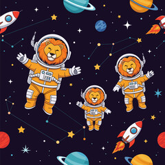 Cute lion astronauts in space: perfect for kids' clothing, textiles, or children's book illustrations.