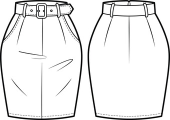Pencil skirt fashion sketch front and back, CAD vector drawing, garment construction template, stylish clothing layout, technical apparel design