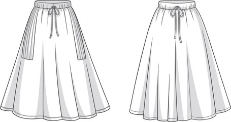 Two skirt fashion sketches front and back views, pleated silhouette with gathered drawstring waistband, garment layout, cad drawing flat vector illustration