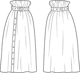 Fashion sketch of belted skirt front and back views with button detail and structured silhouette, garment layout, cad drawing flat vector illustration