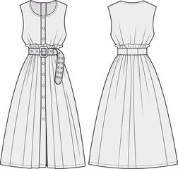 Sleeveless button-down dress fashion sketch front and back views with belted waist and pleated silhouette, cad drawing flat vector illustration