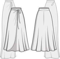 Fashion sketch of four women’s long skirts, wrap and flared silhouettes with waistband and hem detail, cad drawing flat vector illustration