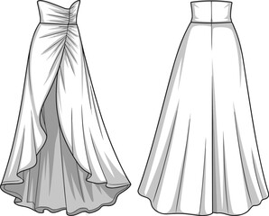 Wedding gown fashion sketch front and back views, elegant silhouette with pleated detail and train layout, cad drawing flat vector illustration