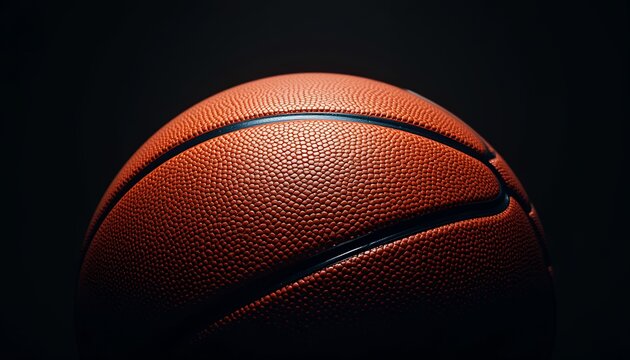 Close up detailed view of textured basketball surface illuminated against dark background