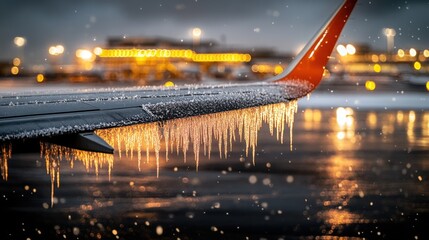 Icy Aircraft Wing with Dramatic Airport Lights in the Background