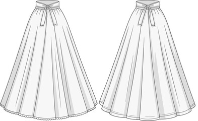Elegant full-length skirt fashion sketch back view with bow tie waistband and scalloped hem, garment layout, cad drawing flat vector illustration