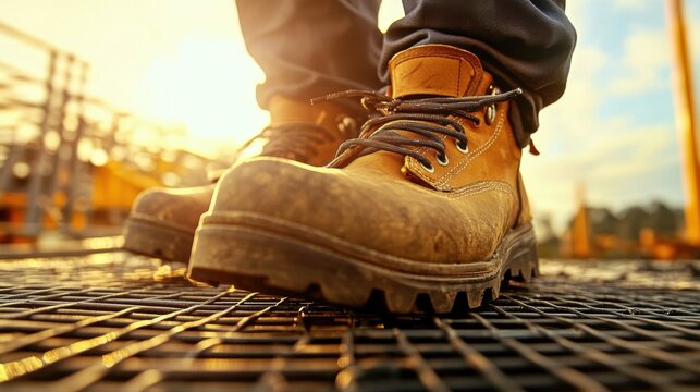 Close-up of Work Boots on Metal Grate During Sunset Hour - Powered by Adobe