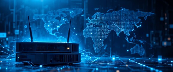 Futuristic digital world map illuminated by high tech wireless router signals against dark