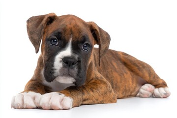 Obraz premium Boxer pup alone on a white backdrop