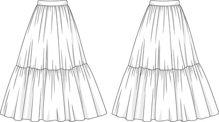 Tiered skirt fashion sketch front and back views, sash waistband and layered hem detail, garment template, cad drawing flat vector illustration