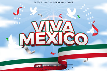 Editable 3d vector text effect viva mexico for poster design. with flag, silhouette dove, sky