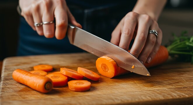 Close-up of hands slicing a carrot on a wooden cutting board. - Powered by Adobe