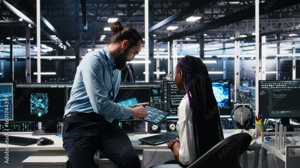 Poster system administrator and employee in data center coding with generative ai. team leader and it worke