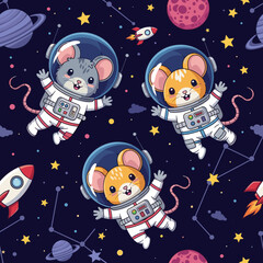 Adorable mice astronauts floating in space, perfect for children's books, textiles, or websites.