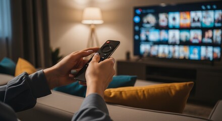 Close-up of a person's hands holding a remote control pointed at a TV screen displaying numerous streaming options, concept for home entertainment, leisure activity, and media consumption