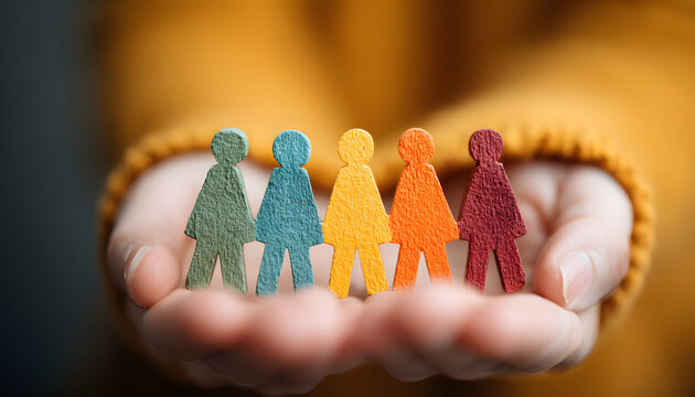 Human resources concept representing diversity in workplace. Hand holding diverse ragdoll figures inclusion, teamwork, collaboration. Inclusive hiring practices create better work culture, team