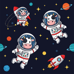 Cute cows in spacesuits exploring the cosmos: perfect for kids' apparel, space-themed websites, or children's books.