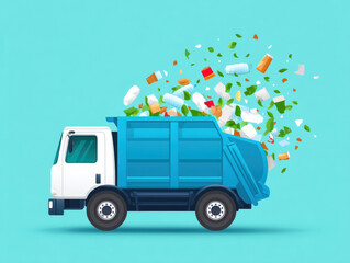  blue garbage truck is collecting various trash items, including plastic bottles, leaves, and paper, against a turquoise background.
