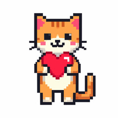 Adorable pixel art cat holding a large red heart.