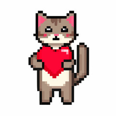 A cute pixel art cat holding a large red heart and blushing.