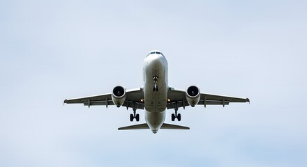 Obraz premium Airplane Landing: Low-Angle View of Airliner Against Pale Sky