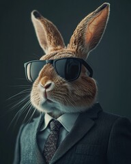 A fashionable rabbit wears a stylish suit, sunglasses, and tie, exuding an air of cool confidence.