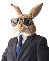 A fashionable rabbit wears a suit, tie, and sunglasses, presenting a humorous and sophisticated business-like appearance.